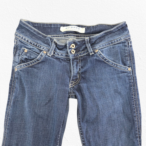 Y2K Hudson Dark Wash Low Rise Flare Jeans Union Jack USA Made 00s Jeans Size 27 - Picture 4 of 12
